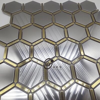 Gold-Edged Mixed Silver Brushed Hexagonal Mosaic Stainless Steel  Waterproof & Rust-Resistant  for Indoor & Outdoor Construction