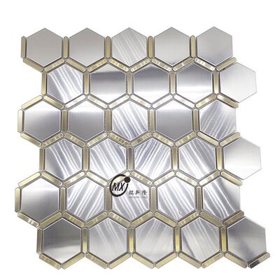 Gold-Edged Mixed Silver Brushed Hexagonal Mosaic Stainless Steel  Waterproof & Rust-Resistant  for Indoor & Outdoor Construction