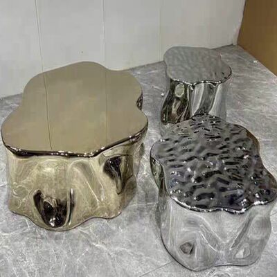 โต๊ะกาแฟสแตนเลสสตีลลายเมฆกลวงชุบไฟฟ้าหรูหรา 201 304 กระจก/ขัดเงา